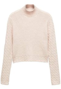 Pull court rose clair à col montant, avec une texture côtelée et un motif torsadé sur les manches. Matière confortable.