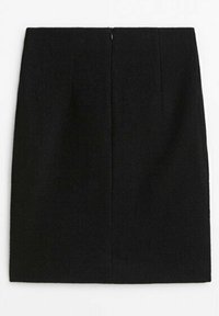 Jupe crayon noire longueur genou avec taille haute et couture avant discrète, présentée à plat sur fond blanc.