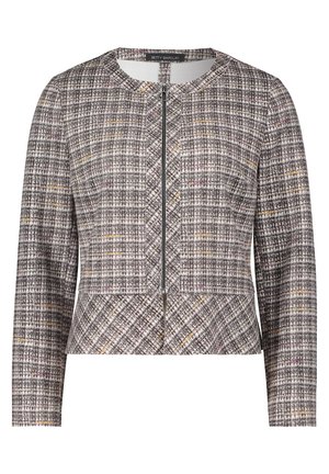 Struktureret cropped jakke i grå og beige vævet stof; har en lynlåslukning, rund halsudskæring og subtile farverige tråd accenter.