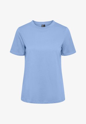 Light blue cotton t-shirt with a round neck, short sleeves, and a straight hem. Smooth texture, no patterns or embellishments.