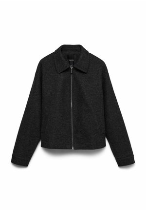 Tumehall lukuga jakk krae, pikkade varrukate ja kergelt tekstuurse kangaga, valgel taustal.