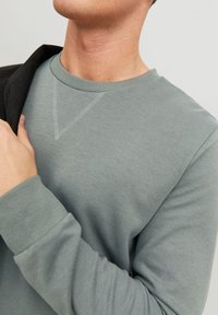 Lichtgroene sweatshirt met een zachte textuur, geribbelde manchetten en een V-vormige stiksel-detail bij de halslijn. Bovenlichaam en hand gedeeltelijk zichtbaar.