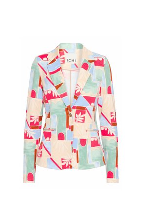 Patroon blazer in pastelkleuren; beschikt over geometrische en bloemige ontwerpen, een geknipt kraag, twee voorzakken en een enkele knoopsluiting.