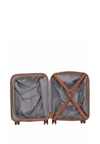 Hartschalenkoffer in Beige mit strukturiertem Oberflächenmaterial, zwei Fächern, grauem Innenraum, Querriemen für sicheres Packen und vier schwarzen Rollen.