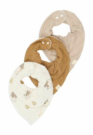 Trois bavoirs triangulaires pour bébé en beige, marron et blanc avec des motifs d'éléphant et de papillon, chacun avec des fermetures à boutons-pression.