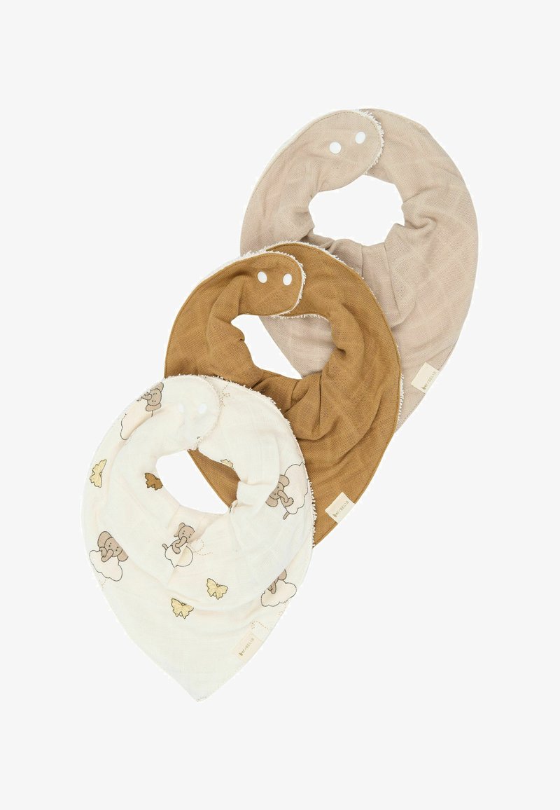 Trois bavoirs triangulaires pour bébé en beige, marron et blanc avec des motifs d'éléphant et de papillon, chacun avec des fermetures à boutons-pression.