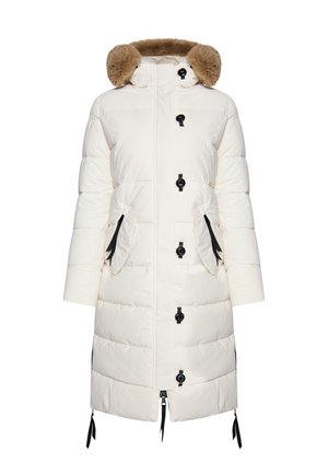 Manteau rembourré blanc avec une capuche en fausse fourrure. Doté de boutons noirs, de deux poches latérales avec des accents noirs et d'un cordon de serrage ajustable à l'ourlet.