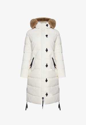 White puffer coat with a faux fur hood. Features black buttons, two side pockets with black accents, and adjustable drawstring at the hem.