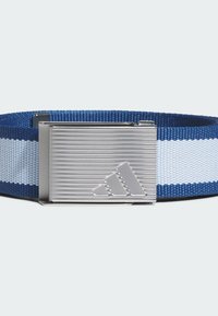 Proplétaný modro-bílý pásek se stříbrnou kovovou přezkou, která má texturovaný design a ryté logo. Nastavitelná velikost pro univerzálnost.