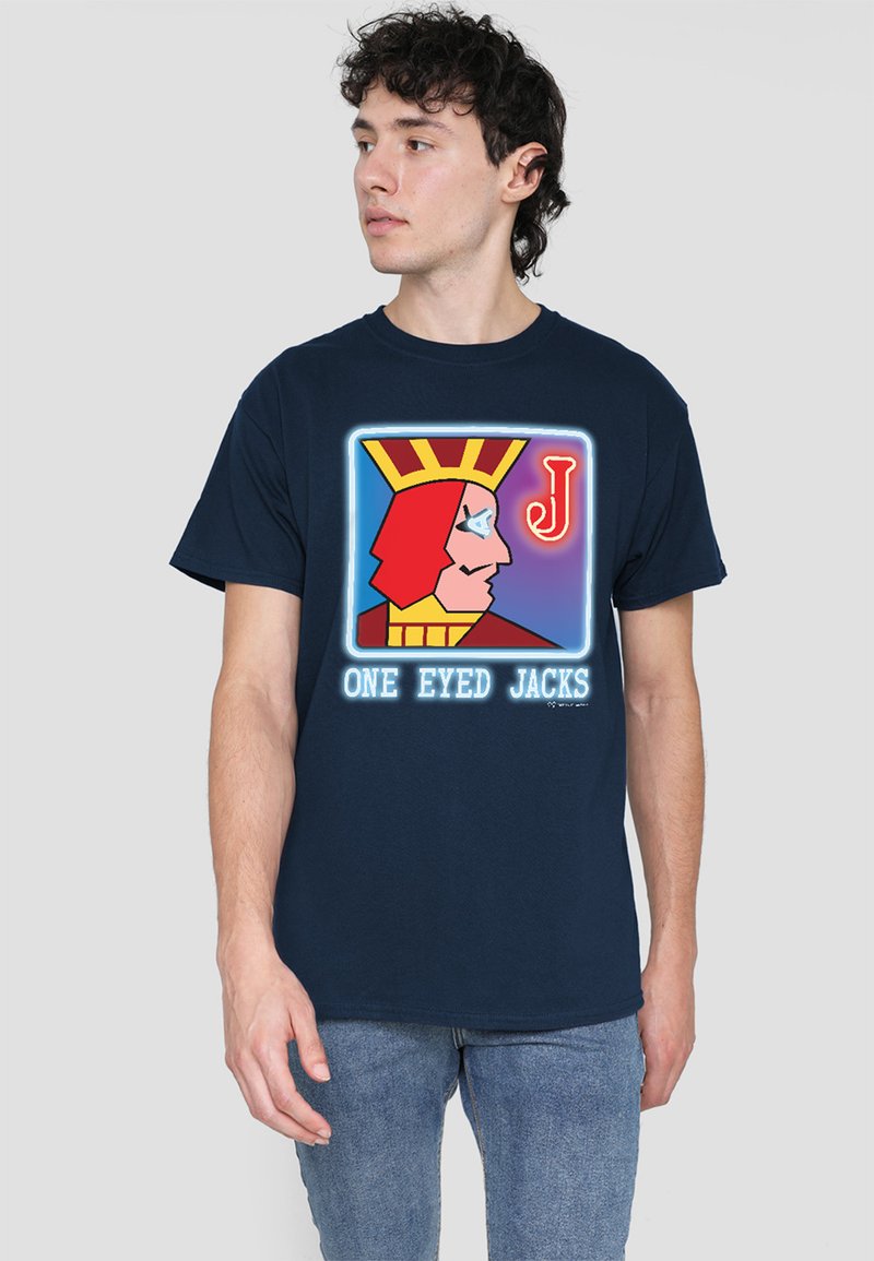Navy blue cotton t-shirt featuring a graphic of a character with a crown and the text "ONE EYED JACKS" in white and neon accents.