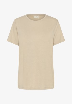 Beige kortærmet T-shirt lavet af blødt stof med rund hals. Har en lige skæring og minimale syninger.