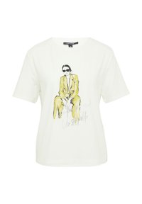 Weißes Baumwoll-T-Shirt mit einem Grafikdruck einer Figur in einem gelben Anzug mit Sonnenbrille, ergänzt durch den Text "Ermächtigt und Unaufhaltbar".