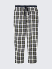Kockované pyžamové nohavice v zelenej, bielej a čiernej farbe. Ľahká tkanina s elastickým pásom a šnúrkou na stiahnutie. Ozdobené gombíkom.
