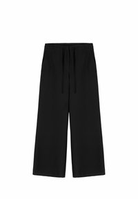 Zwarte wijde broek met een trekkoord in de taille en zijzakken, plat weergegeven tegen een effen achtergrond.
