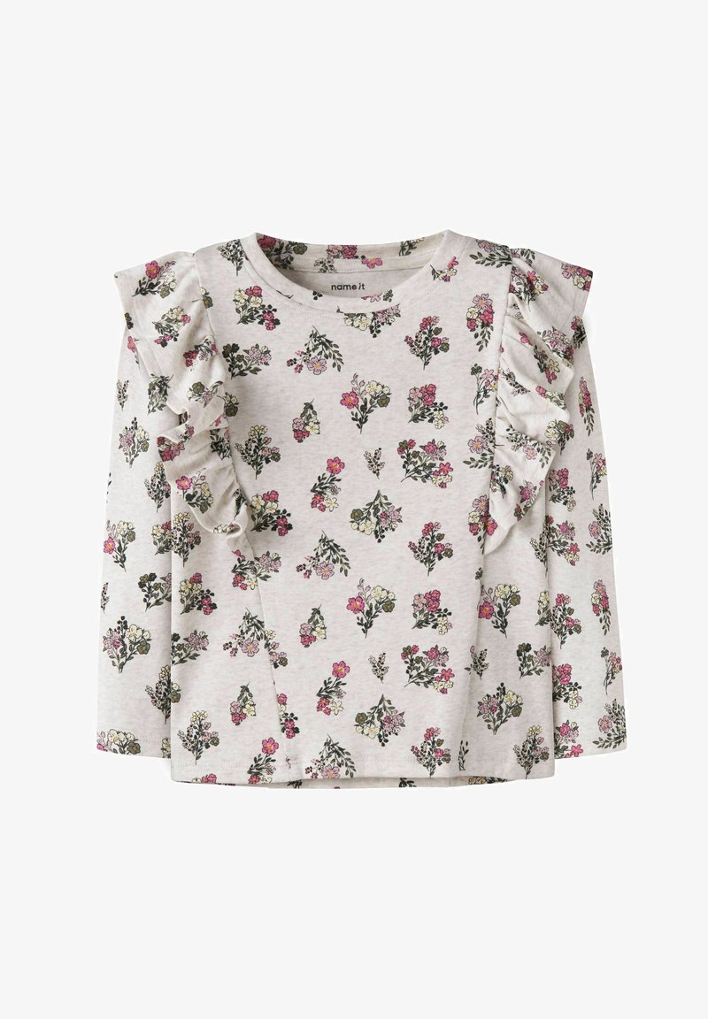 Chemise à manches longues rose clair pour tout-petit avec imprimé floral, col rond et détail à volants le long des manches.