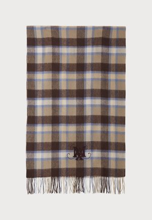 Écharpe en plaid marron et bleu avec des bords à franges, fabriquée en matériau doux. Présente un logo brodé en bas.