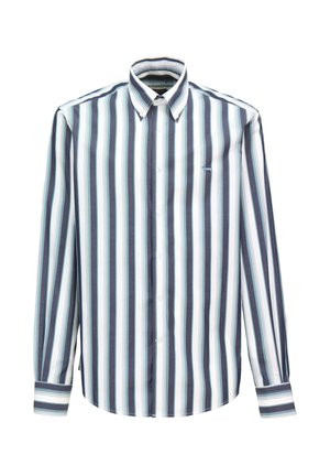 Herenoverhemd met verticale blauwe en witte strepen, voorzien van een kraag en lange mouwen. Gemaakt van een lichtgewicht stof.