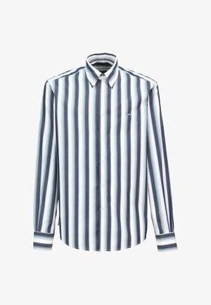 Męska koszula zapinana na guziki, z pionowymi niebiesko-białymi paskami, kołnierzykiem i długimi rękawami. Wykonana z lekkiego materiału.