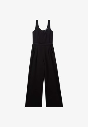 Tuta nera con scollo a ciclista, design senza maniche, pantaloni a gamba larga e tasche laterali. Realizzata in un tessuto liscio.