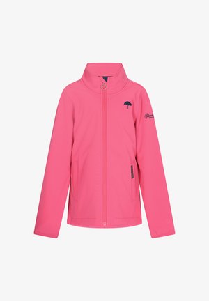 Rózsaszín, puha héjú dzseki magas gallérral, elülső cipzárral, két oldalzsebbel és sötétkék logóval díszítve. Simaság, könnyű dizájn.