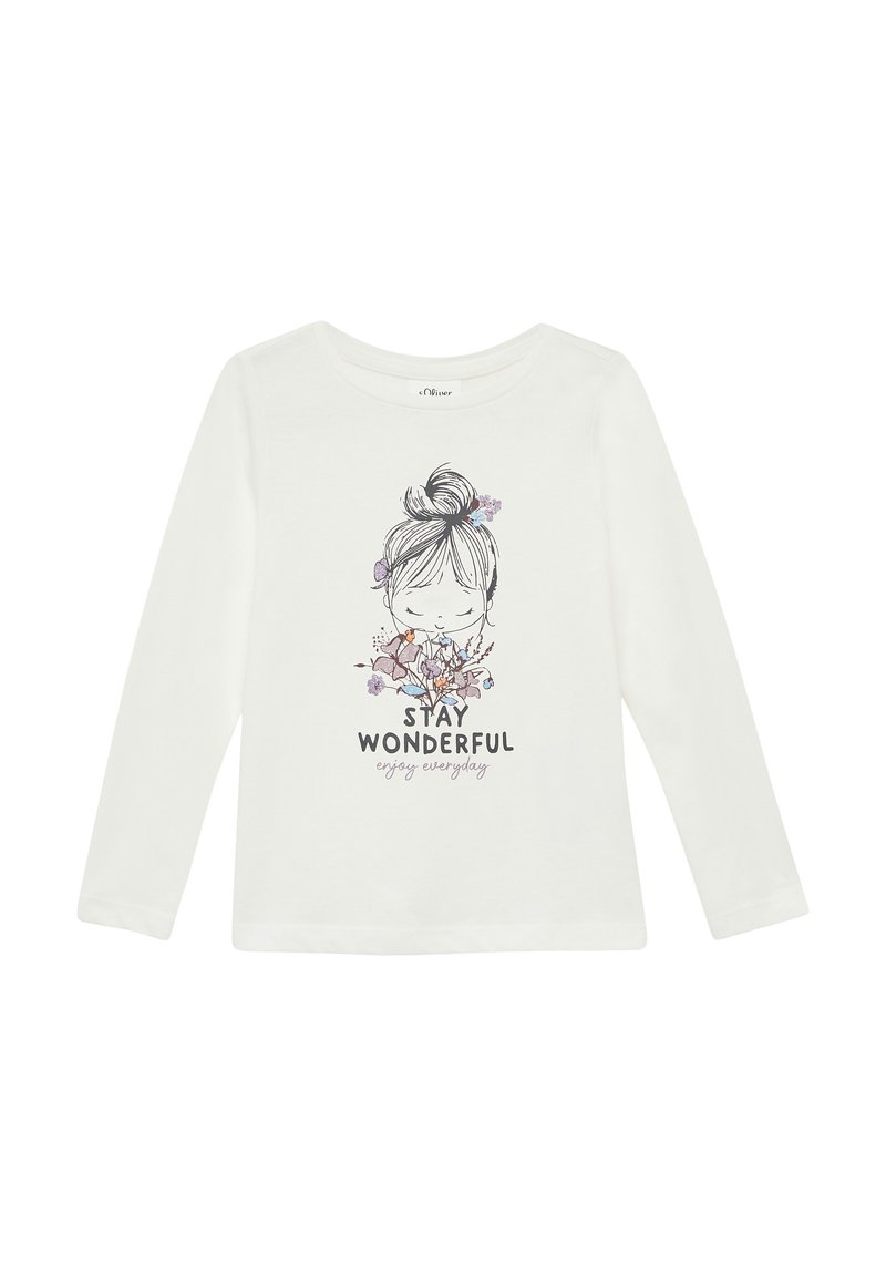 Weißes Langarmshirt mit einer Zeichnung eines Mädchens, das Blumen hält, und dem Text "Bleib wunderbar, genieße jeden Tag" auf der Vorderseite.