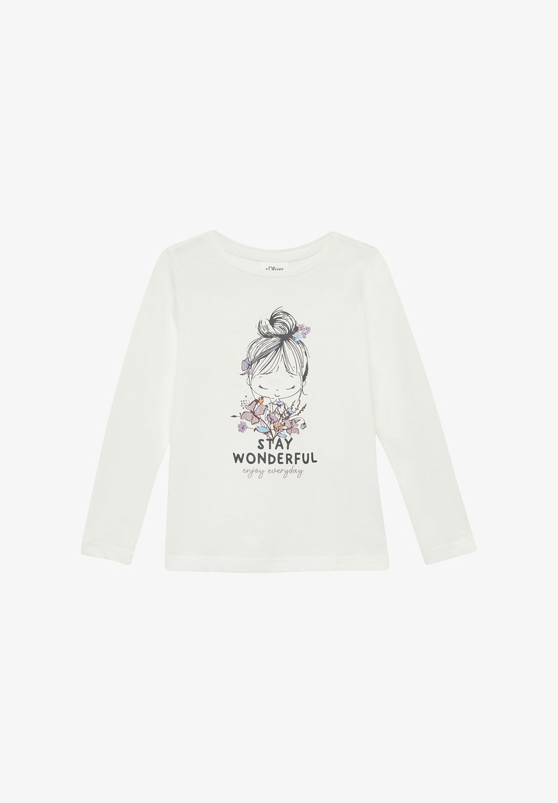 Bílá košile s dlouhými rukávy se vzorem dívky, která drží květiny, a textem "Zůstaň úžasná, užívej si každý den" na přední straně.