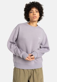 Sudadera de color púrpura claro con un cuello redondo acanalado, mangas largas y puños acanalados. Presenta un pequeño logotipo en el pecho y un ajuste relajado.