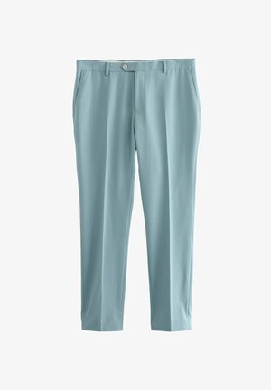 Svijetloplave hlače od glatke tkanine, s krojem prilagođenim figuri, prednjim džepovima i kopčanjem na gumbe.
