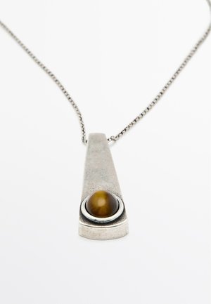 Silver necklace with a tapered pendant featuring a polished tiger's eye stone set in a circular bezel. Textured chain with fine links.