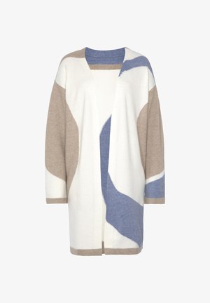 Beige, weiße und blaue gemusterte Strickjacke aus weichem Material mit lockerer Passform, offenem Vorderteil und Dreiviertelärmeln.