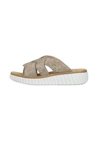 Beige slide sandal with woven textile straps, cushioned footbed, and white ribbed sole. Features a round logo detail on the side.