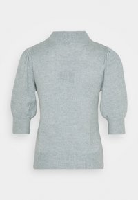 Light gray knitted sweater with a high collar, puffed sleeves, and ribbed cuffs and hem. Soft texture and simple design. Back view.