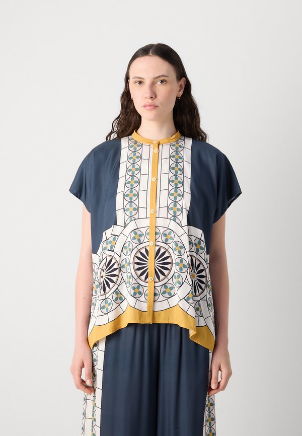 BLOUSE SHORT SLEEVE STAND UP COLLAR PLACED PRINT - Button-down blouse3