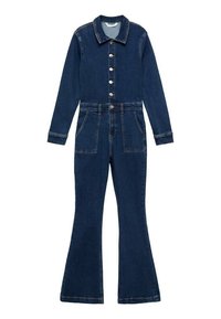 Denim overal tmavomodrej farby s golierom, predným zapínaním na gombíky, dlhými rukávmi, širokými nohavicami a dvoma prednými vreckami.