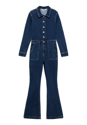 Donkerblauwe denim jumpsuit met kraag, knoopsluiting aan de voorkant, lange mouwen, uitlopende pijpen en twee voorzakken.