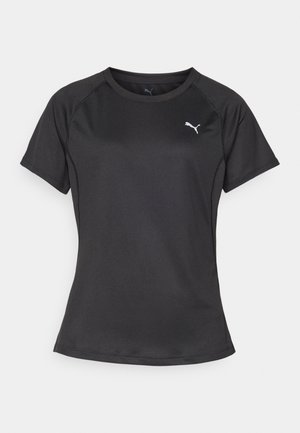 Black short-sleeve athletic t-shirt with a round neckline, made from smooth fabric, featuring a small white logo on the left chest area.