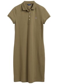 Olivově zelené polo šaty vyrobené z bavlny, s límečkem, krátkými rukávy, předním zapínáním na tři knoflíky a vyšitým logem na hrudi.