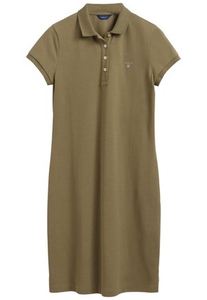 Olivengrøn polokjole lavet af bomuld med krave, korte ærmer, frontlomme med tre knapper og broderet logo på brystet.