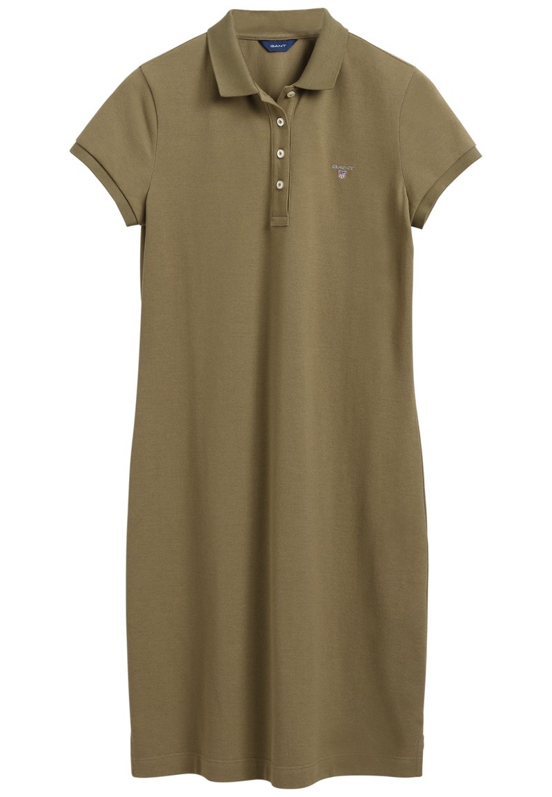 Olivově zelené polo šaty vyrobené z bavlny, s límečkem, krátkými rukávy, předním zapínáním na tři knoflíky a vyšitým logem na hrudi.