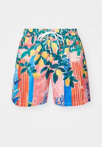 Trykte badeshorts med en pink baggrund, prydet med gule citroner, grønne blade og blå detaljer. Elastisk talje med snor.