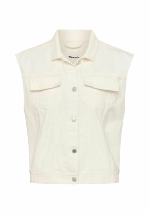 Gilet senza maniche in denim bianco con chiusura frontale a bottoni, colletto a risvolto e due tasche a patta sul petto.