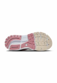 Suola della scarpa con un battistrada a motivi, caratterizzata da un design rosa e bianco, gomma testurizzata e una soletta imbottita beige per una migliore aderenza.