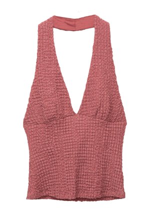 Textured, mouwloos topje in een gedempte roos kleur. Diepe V-halsontwerp met een samengevoegd, gekreukt materiaal. Zacht, rekbaar materiaal voegt comfort toe.
