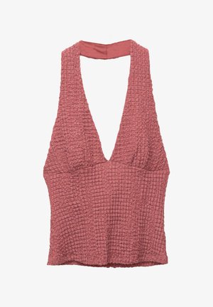 Haut sans manches texturé dans une couleur rose sourde. Design en V profond avec un tissu froncé et froissé. Matériau doux et extensible pour plus de confort.