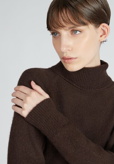Maglione marrone a collo alto realizzato in un materiale morbido. Presenta polsini a costine e una finitura texturizzata. Il modello ha le mani incrociate lungo le braccia.