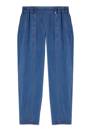 Blå denim bukser med elastisk talje, sidelommer og lodrette sømdetaljer foran og på benene.