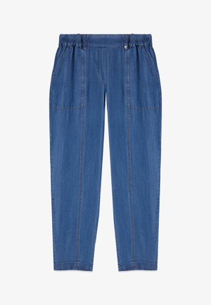 Niebieskie spodnie dżinsowe z elastyczną talią, bocznymi kieszeniami i pionowymi przeszyciami z przodu i na nogawkach.