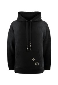 Black hoodie made of soft fabric, featuring a front pocket, drawstring hood, crystal embellishments, and peace symbol detail.