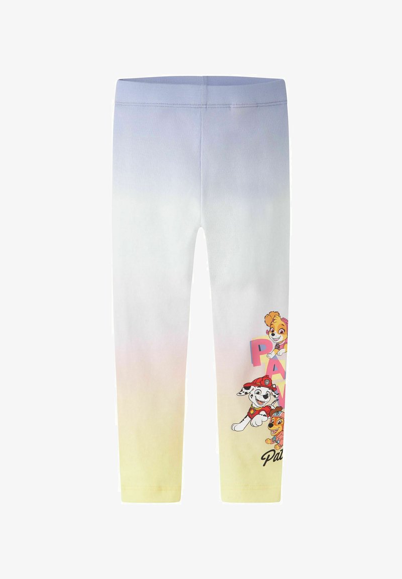 Leggings pour enfants avec un dégradé de bleu à jaune en arrière-plan et trois personnages de Pat' Patrouille imprimés près de la partie inférieure de la jambe droite.