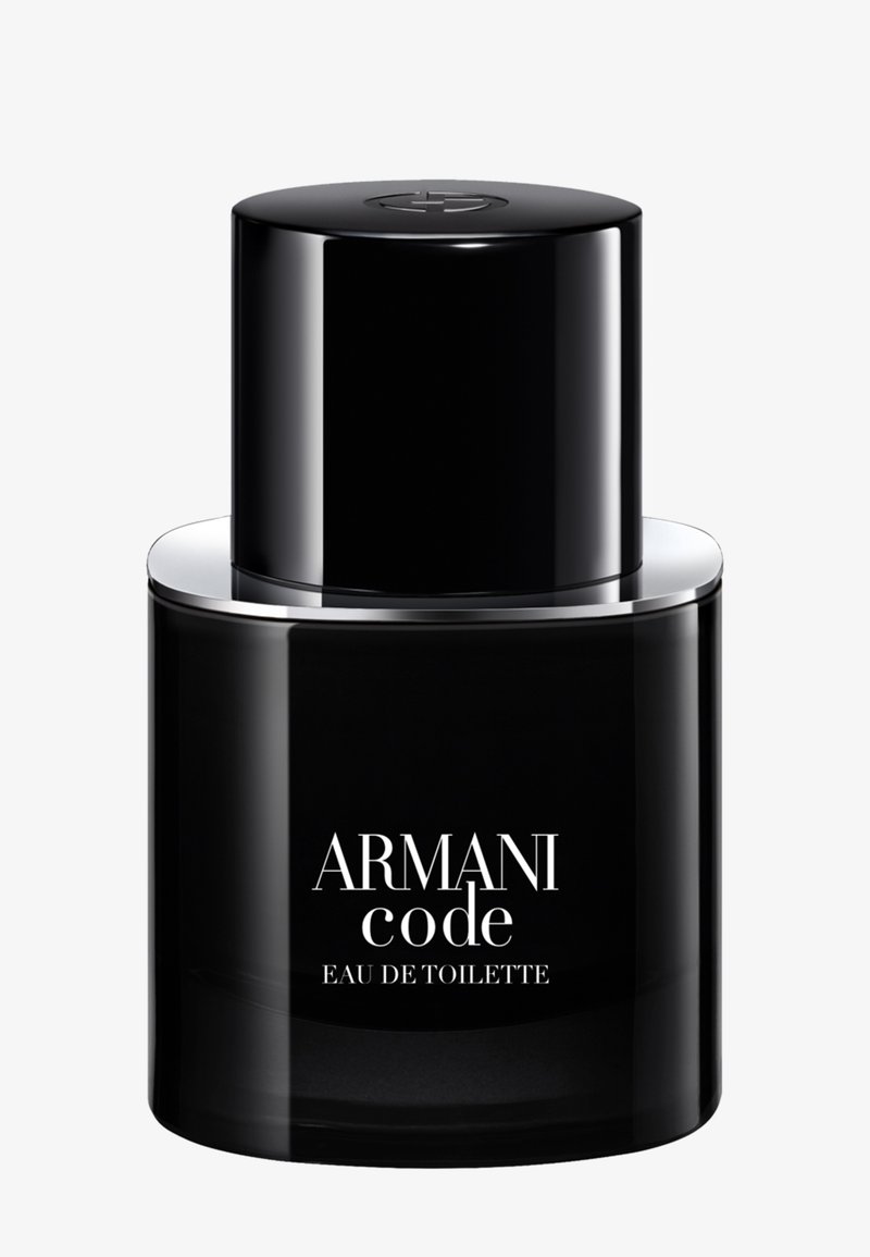 Sort cylindrisk glasflaske af Armani Code Eau de Toilette med en skinnende sort hætte og hvidt brandingtekst foran.
